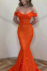 Orange off-the-shoulder rhinestone mermaid evening dress