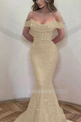 Orange Off the Shoulder Strapless Sleeveless Formal Dress With Sequins Mermaid