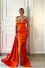 Orange One Shoulder Sleeveless Formal Dress Long Mermaid Split
