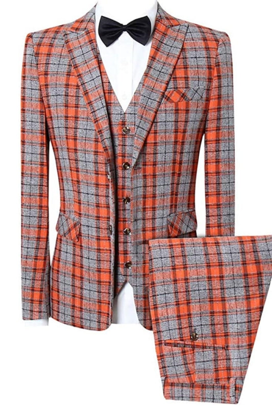 Orange Plaid Chic Three-Piece Peaked Lapel Business Suit