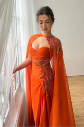 Orange Rhinestone Sweetheart Cape Sleeves Column Chiffon Beaded Floor Length Evening Gown