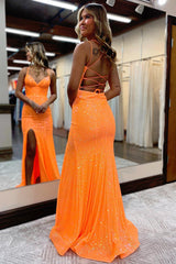 Orange Sequins Long Prom Dress with Mermaid Spaghetti Straps and Split Front