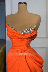 Orange Sequins Mermaid Online Strapless Pleated Formal Dress With Sleeveless