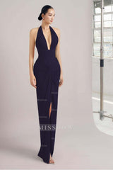 Dark purple halter ruched bodycon evening dress