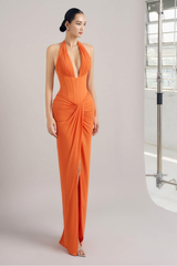 Orange halter ruched bodycon evening dress