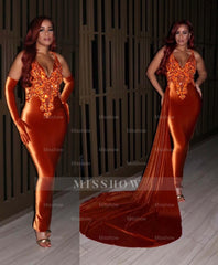 Orange V-Neck Sleeveless Appliques Beading Mermaid Satin Floor Length Formal Evening Gown