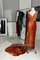 Orange V-Neck Sleeveless Appliques Beading Mermaid Satin Floor Length Formal Evening Gown