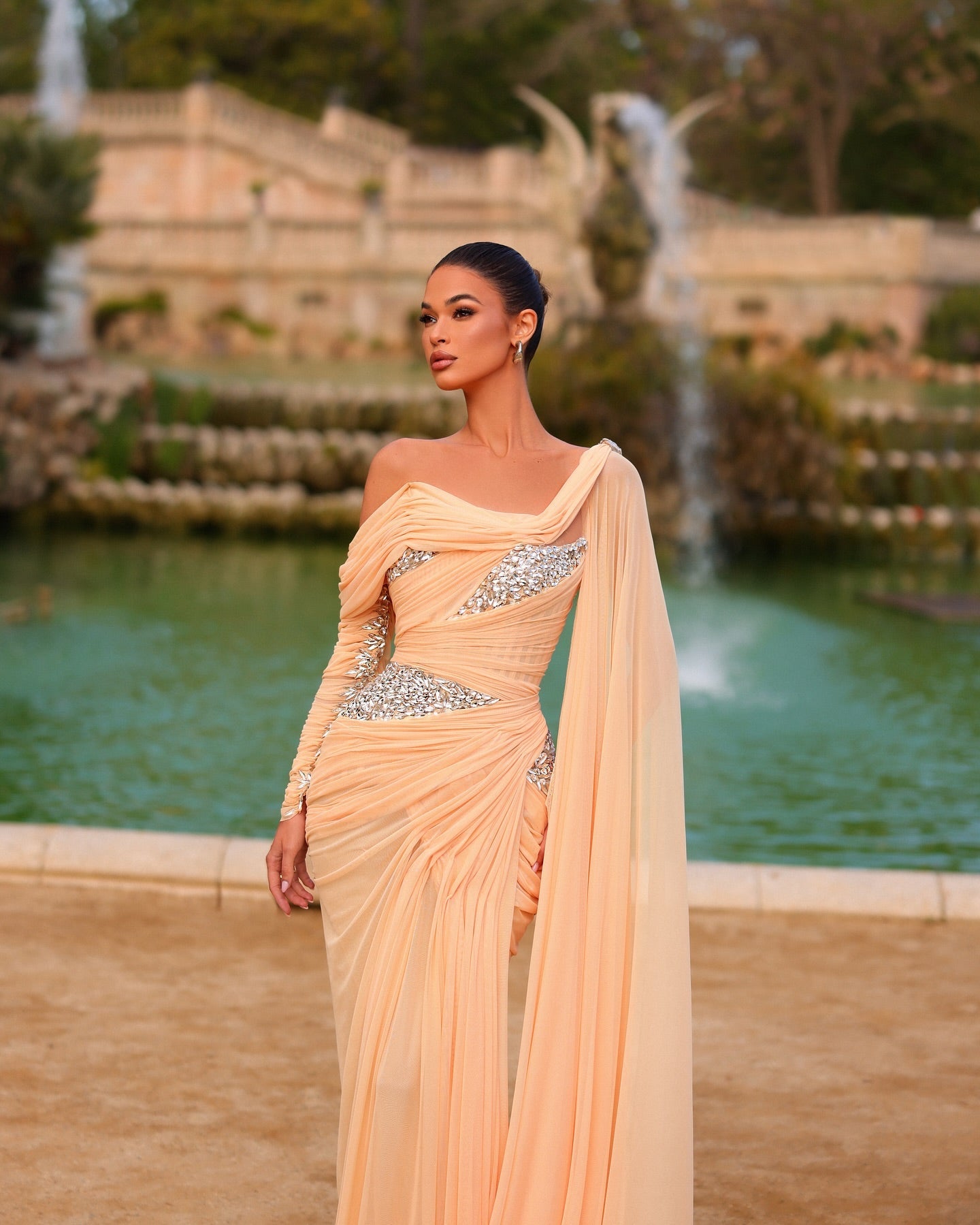 Peach One-Shoulder Long Sleeve Ruched Mermaid Maxi Formal Evening Dress Chiffon Crystal Embellished Cape