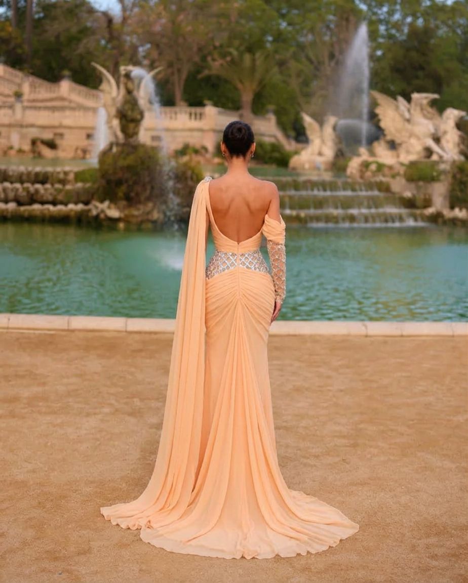 Peach One-Shoulder Long Sleeve Ruched Mermaid Maxi Formal Evening Dress Chiffon Crystal Embellished Cape
