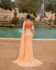 Peach One-Shoulder Long Sleeve Ruched Mermaid Maxi Formal Evening Dress Chiffon Crystal Embellished Cape