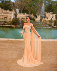 Peach One-Shoulder Long Sleeve Ruched Mermaid Maxi Formal Evening Dress Chiffon Crystal Embellished Cape