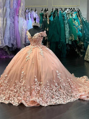 Peach Pink Off-Shoulder Cap Sleeve 3D Floral Applique Beaded Ball Gown Quinceanera Dress