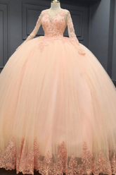 Peach V-Neck Long Sleeve Lace Applique Beaded Sequined Ball Gown Quinceanera Dress