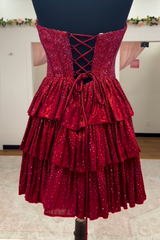 Peacock Blue Strapless A-Line Tiered Short Corset Homecoming Dress with Beading