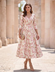 A Line Princess V Neck Satin Mother Of The Bride Dresses Floral 3 4 Sleeves Tea Length Ruched
