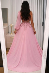 Pink Chiffon One-Shoulder A-Line Evening Dress Single Puff Sleeve Lace Applique Beading Open Back Side Slit Formal Gown