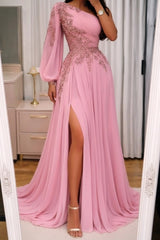 Pink Chiffon One-Shoulder A-Line Evening Dress Single Puff Sleeve Lace Applique Beading Open Back Side Slit Formal Gown