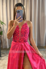 Pink Deep V-Neck Appliques Sleeveless A-Line Satin Slit Floor Length Formal Evening Gown