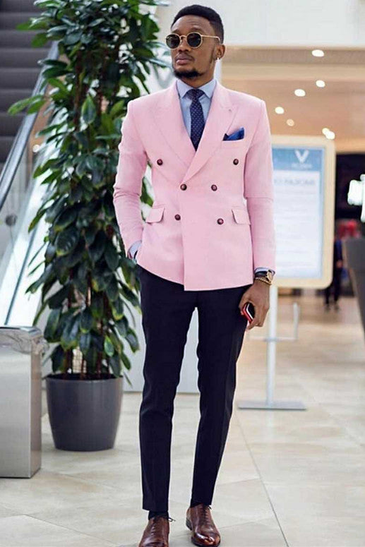 Pink Double Breasted Peak Lapel Best Fit Custom Prom Suits