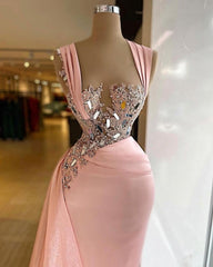 Pink Elegant Long Mermaid Prom Evening Dresses With Glitter