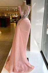 Pink Elegant Long Mermaid Prom Evening Dresses With Glitter