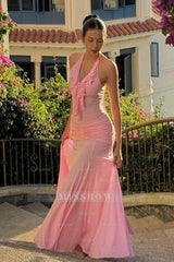Pink Halter Sleeveless Mermaid Chiffon Ruffled Ruched Floor Length Formal Evening Gown