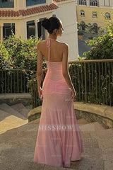 Pink Halter Sleeveless Mermaid Chiffon Ruffled Ruched Floor Length Formal Evening Gown
