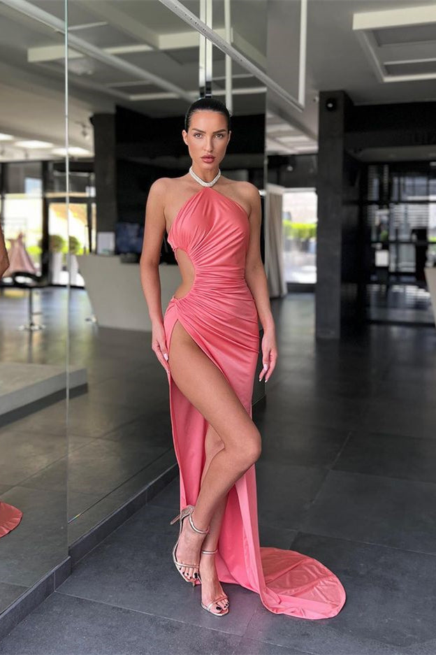 Pink Halter Sleeveless Ruched Cutout Bodycon Satin Slit Floor Length Formal Evening Dress