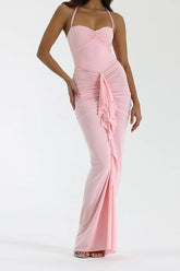 Pink Halter Sweetheart Sleeveless Bodycon Satin Ruching Ruffles Floor Length Evening Dress