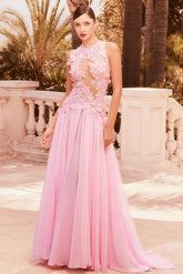Pink High Neck Sleeveless A-Line Appliques Pleated Floor Length Formal Evening Gown