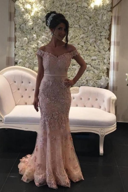 Pink Long Off-the-shouder Glitter Lace Mermaid Prom Evening Dresses