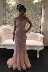 Pink Long Off-the-shouder Glitter Lace Mermaid Prom Evening Dresses