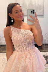 Pink Long Prom Dress with Ruffles in a One-Shoulder A-Line Design