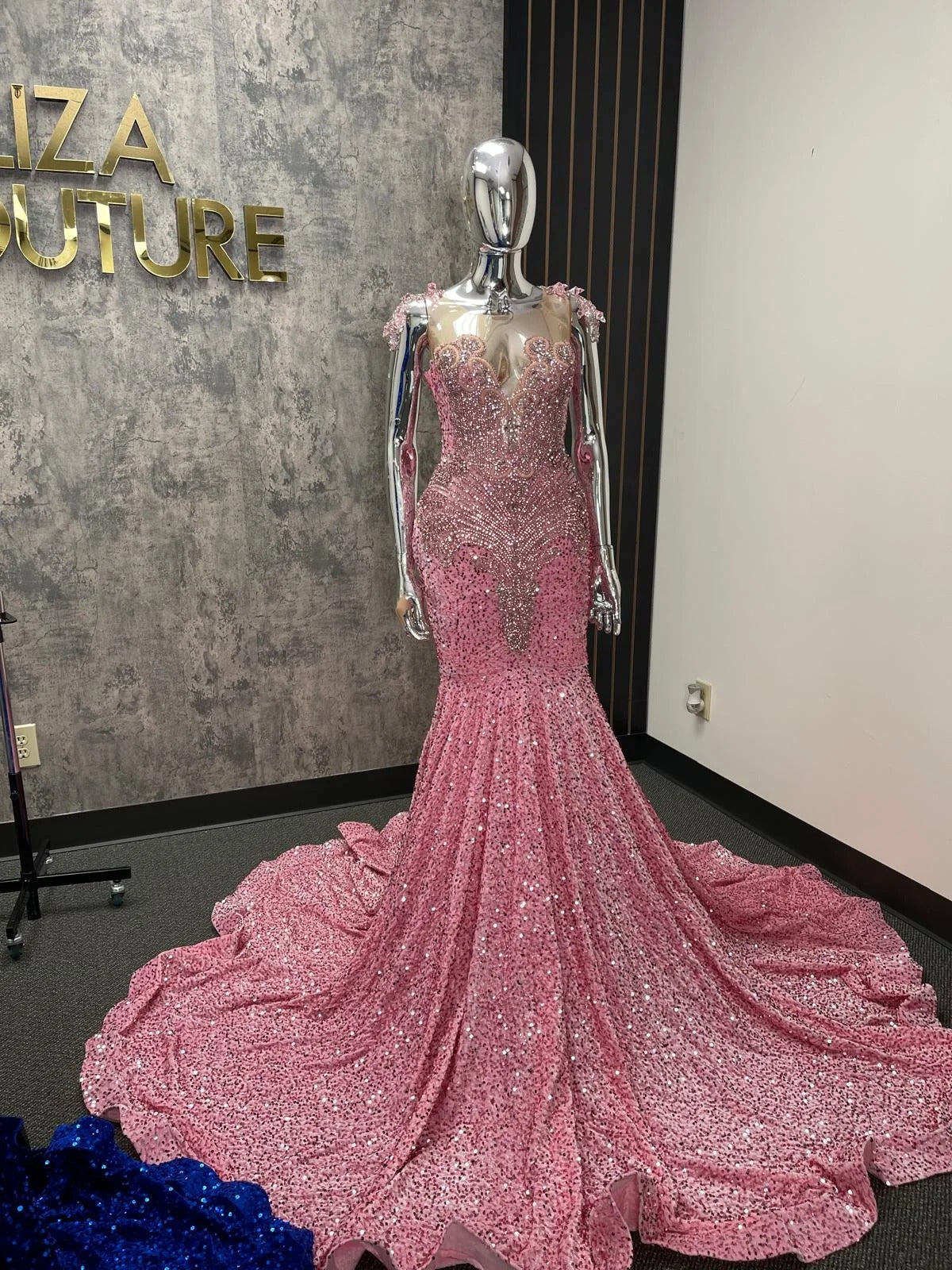 Pink Mermaid Prom Dress Illusion Sweetheart Off Shoulder Crystal Floral Cap Sleeve Silver Rhinestone Beaded Sequin Cathedral Train Gown