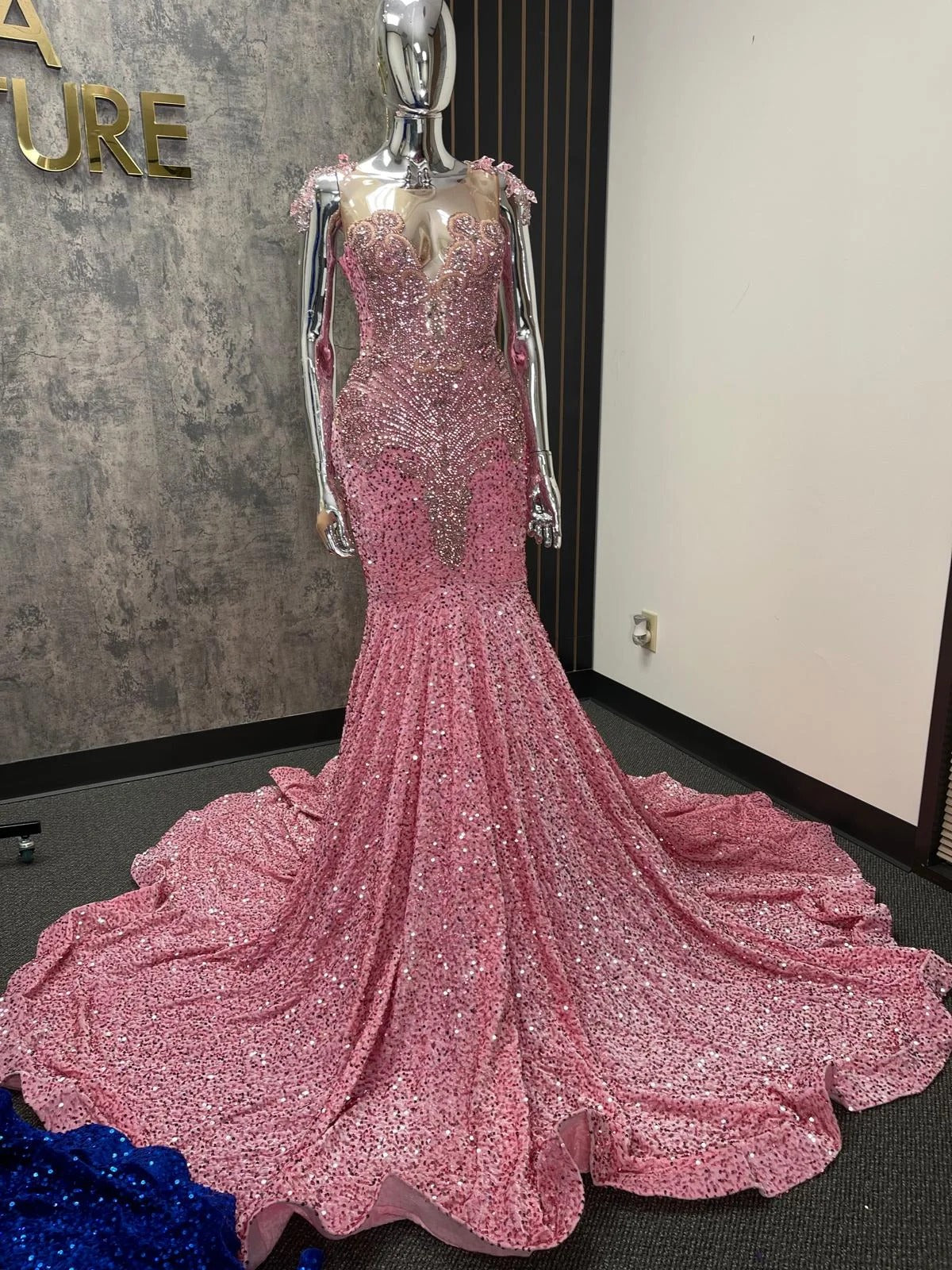 Pink Mermaid Prom Dress Illusion Sweetheart Off Shoulder Crystal Floral Cap Sleeve Silver Rhinestone Beaded Sequin Cathedral Train Gown