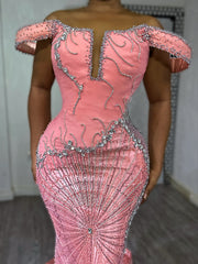 Pink Mermaid Prom Dress Off Shoulder Boned Corset Silver Crystal Fan Radial Beading Rhinestone Embellished Sweep Train Gown