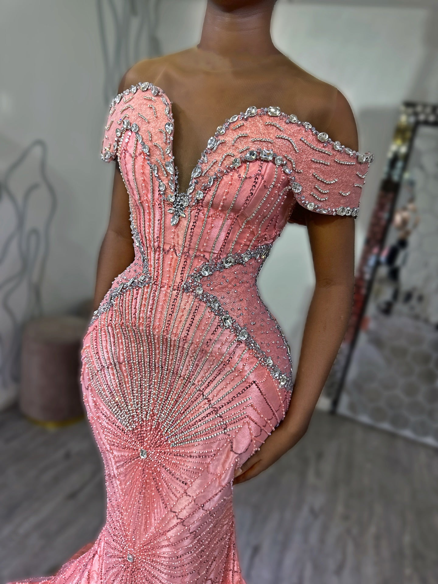 Pink Mermaid Prom Dress Off Shoulder Boned Corset Silver Crystal Fan Radial Beading Rhinestone Embellished Sweep Train Gown