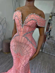 Pink Mermaid Prom Dress Off Shoulder Boned Corset Silver Crystal Fan Radial Beading Rhinestone Embellished Sweep Train Gown