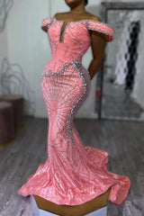 Pink Mermaid Prom Dress Off Shoulder Boned Corset Silver Crystal Fan Radial Beading Rhinestone Embellished Sweep Train Gown