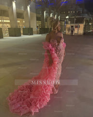 Pink Mermaid Prom Dress Strapless Deep V Sweetheart Silver Crystal Swirl Beaded 3D Floral Applique Illusion Bodice Voluminous Organza Ruffle Overskirt Cathedral Train Gown
