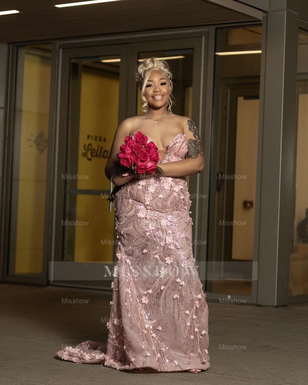 Pink Mermaid Prom Dress Strapless Deep V Sweetheart Silver Crystal Swirl Beaded 3D Floral Applique Illusion Bodice Voluminous Organza Ruffle Overskirt Cathedral Train Gown