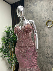 Pink Mermaid Prom Dress Strapless Sweetheart Crystal Beaded 3D Floral Applique Rose Gold Sequin Wave Lace Corset Court Train Gown