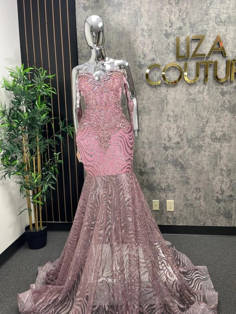 Pink Mermaid Prom Dress Strapless Sweetheart Crystal Beaded 3D Floral Applique Rose Gold Sequin Wave Lace Corset Court Train Gown