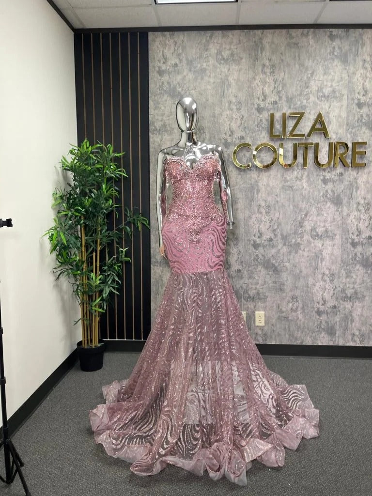 Pink Mermaid Prom Dress Strapless Sweetheart Crystal Beaded 3D Floral Applique Rose Gold Sequin Wave Lace Corset Court Train Gown