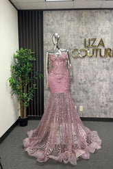 Pink Mermaid Prom Dress Strapless Sweetheart Crystal Beaded 3D Floral Applique Rose Gold Sequin Wave Lace Corset Court Train Gown