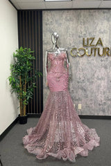 Pink Mermaid Prom Dress Strapless Sweetheart Crystal Beaded 3D Floral Applique Rose Gold Sequin Wave Lace Corset Court Train Gown