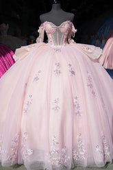 Pink Off-Shoulder Sleeveless Beaded Floral Applique Ruffles Ball Gown Quinceanera Dress