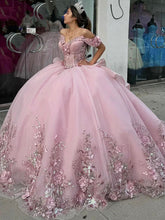 Pink Off-Shoulder Sleeveless Floral Applique Rhinestone Ball Gown Quinceanera Dress