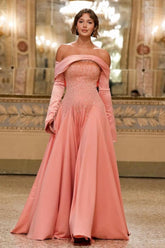 Coral off-the-shoulder beaded A-line evening dress