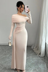 Pink Off-the-Shoulder Long Sleeves Bodycon Satin Ruching Floor Length Formal Evening Dress